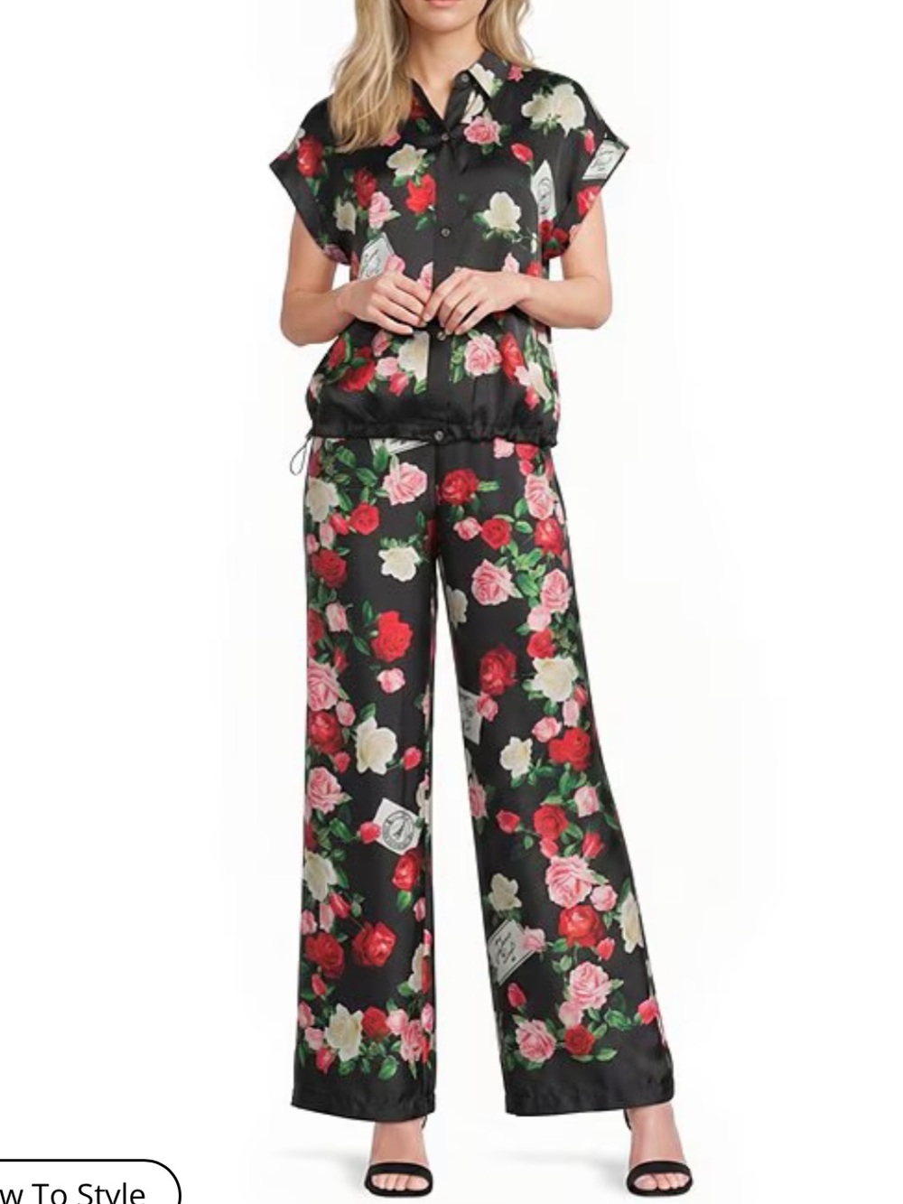 Like NEW Karl Lagerfeld Black Satin Floral Short-Sleeve Top & Pants Set Size XL